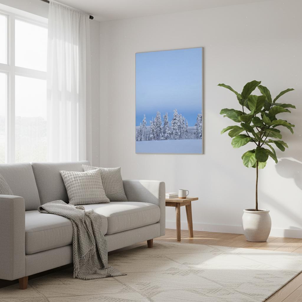 Nordisk snöträd poster i museikvalitet med minimalistisk estetik
