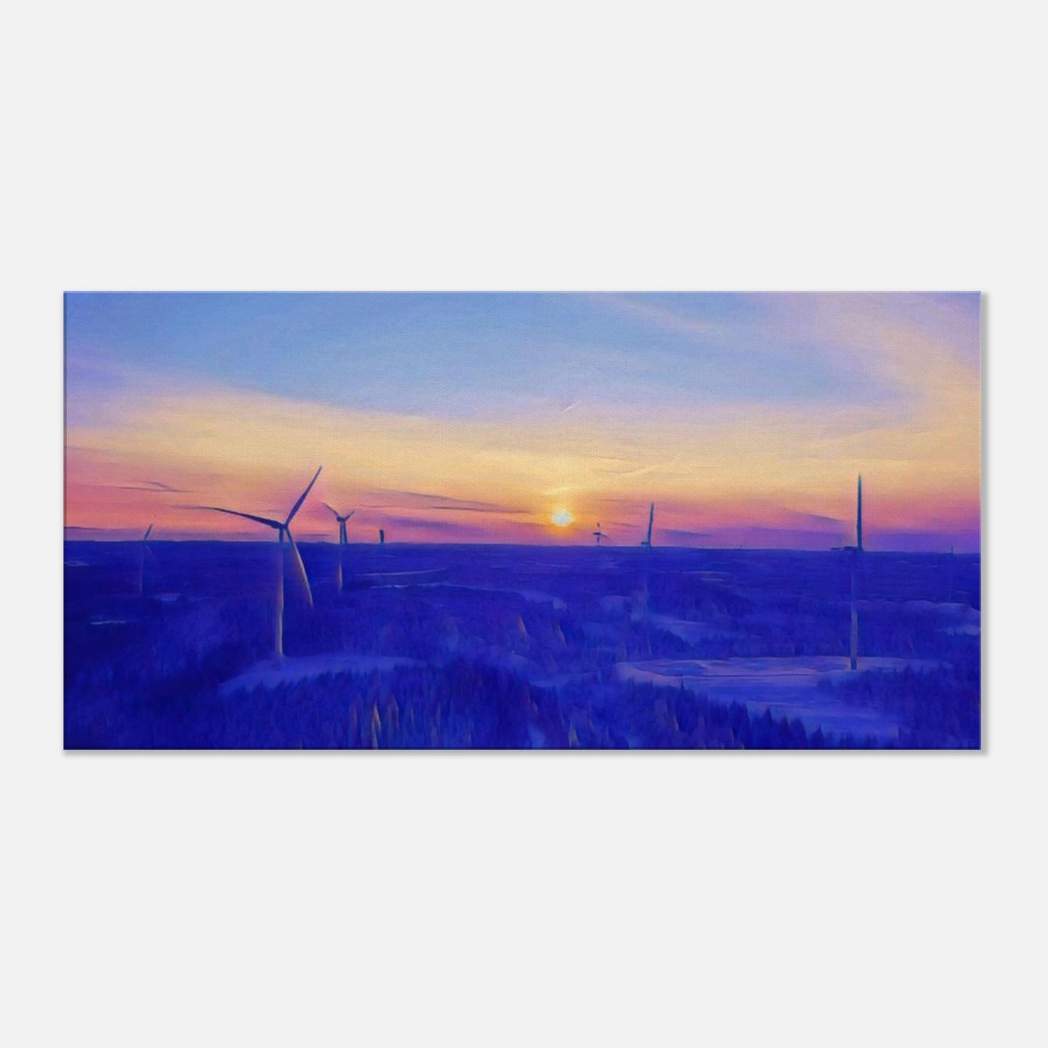 Nordisk vindkraftverk canvas 50x100 cm med vintersol i panoramaformat
