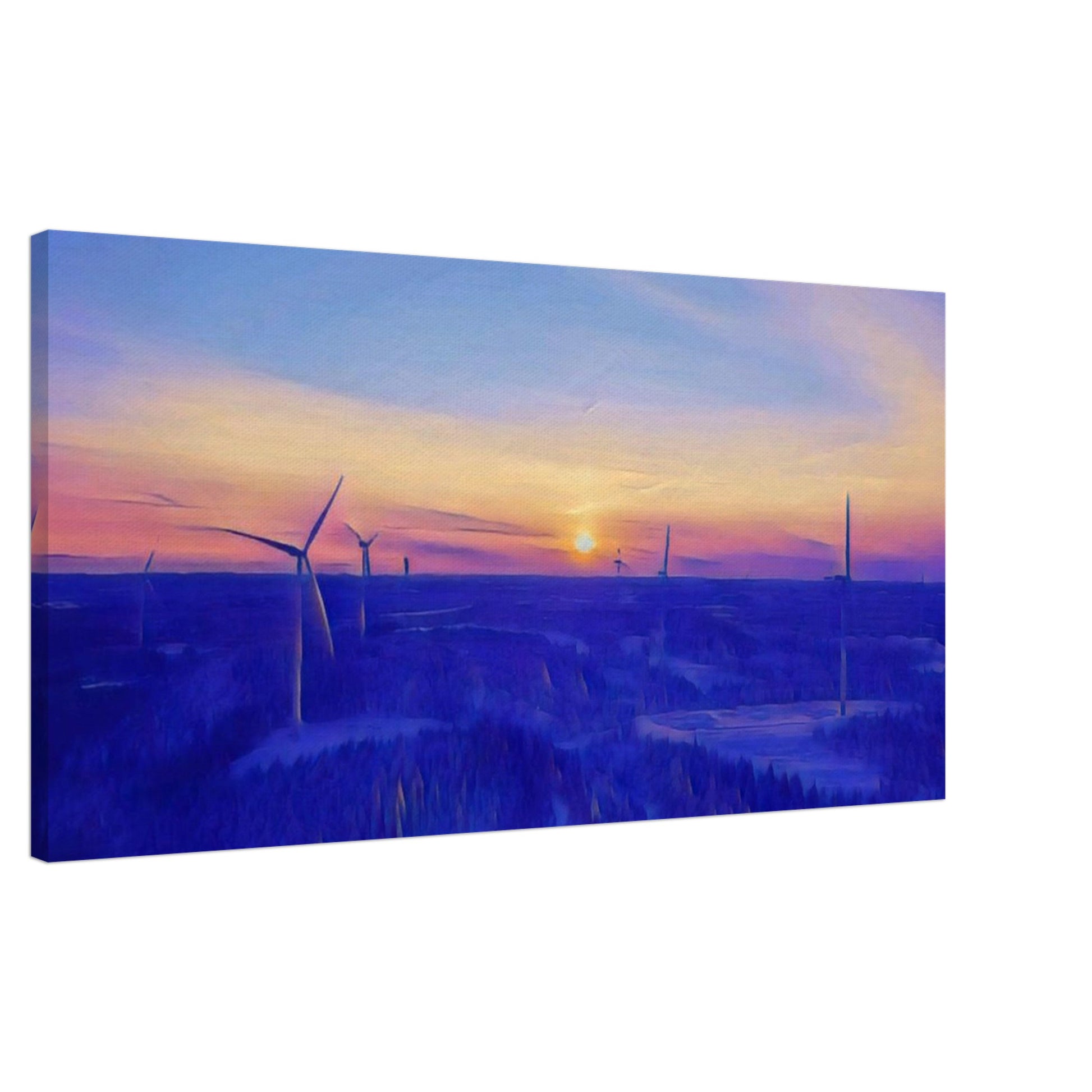 Nordisk vindkraftverk canvas 50x100 cm med vintersol i panoramaformat
