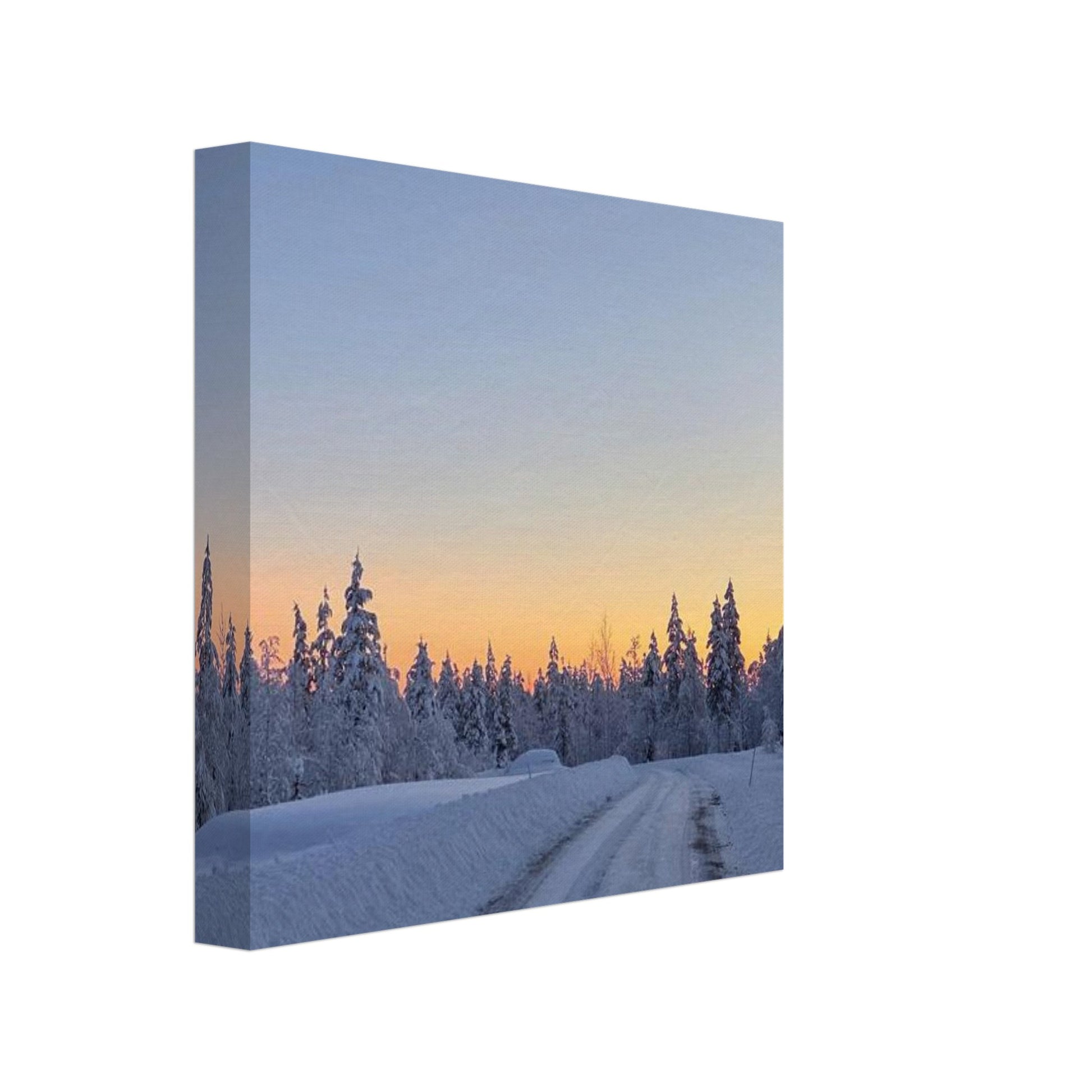 Nordisk vinterväg canvas med sol genom snötäckta träd i stillsam scen
