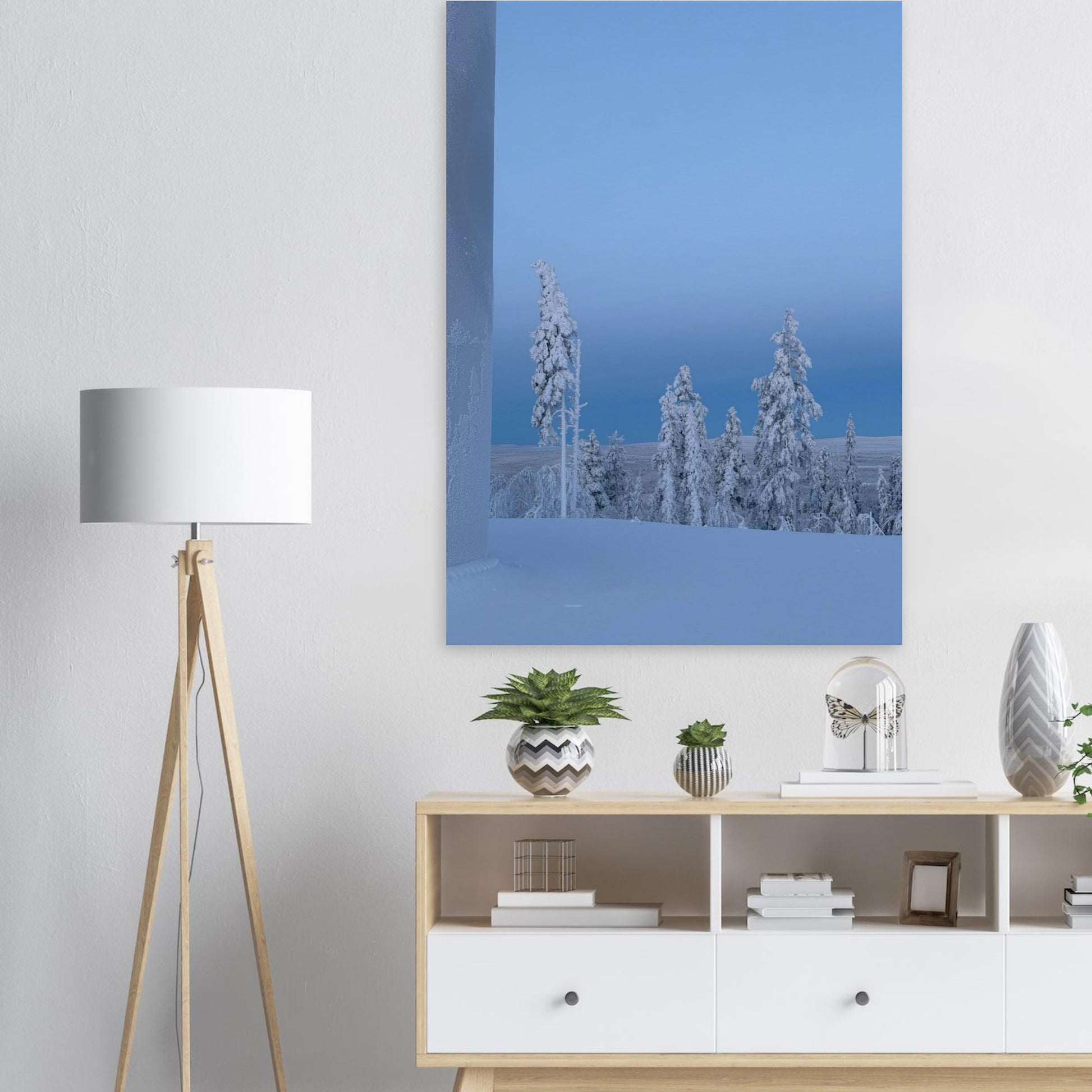 Nordisk vinterlandskap poster i museikvalitet med mjuka naturtoner
