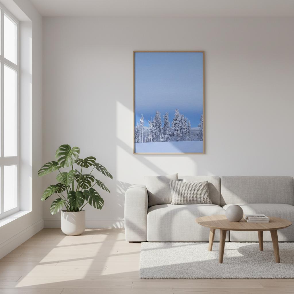 Nordisk fjällvy canvas med blå himmel och vit snö i dramatisk komposition
