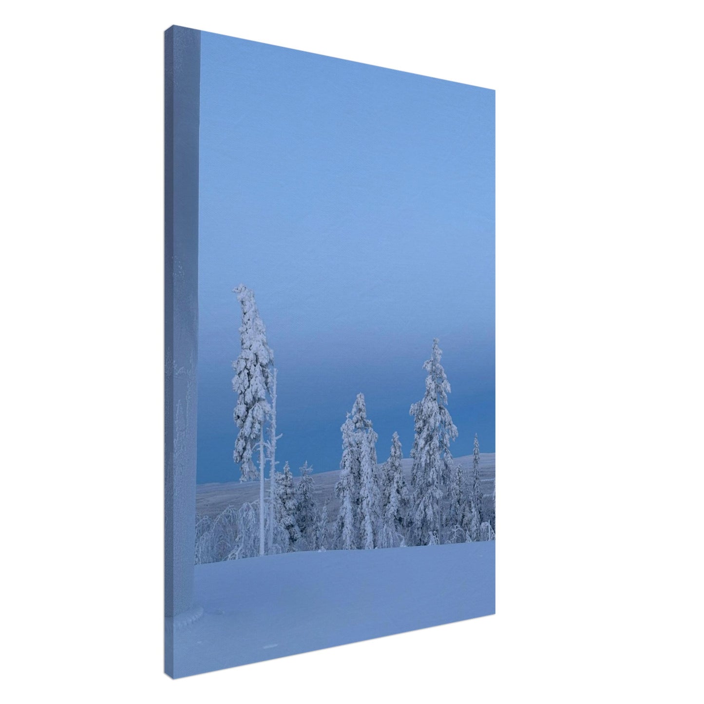 Nordisk vinterlandskap canvas med snötäckta träd i minimalistisk stil
