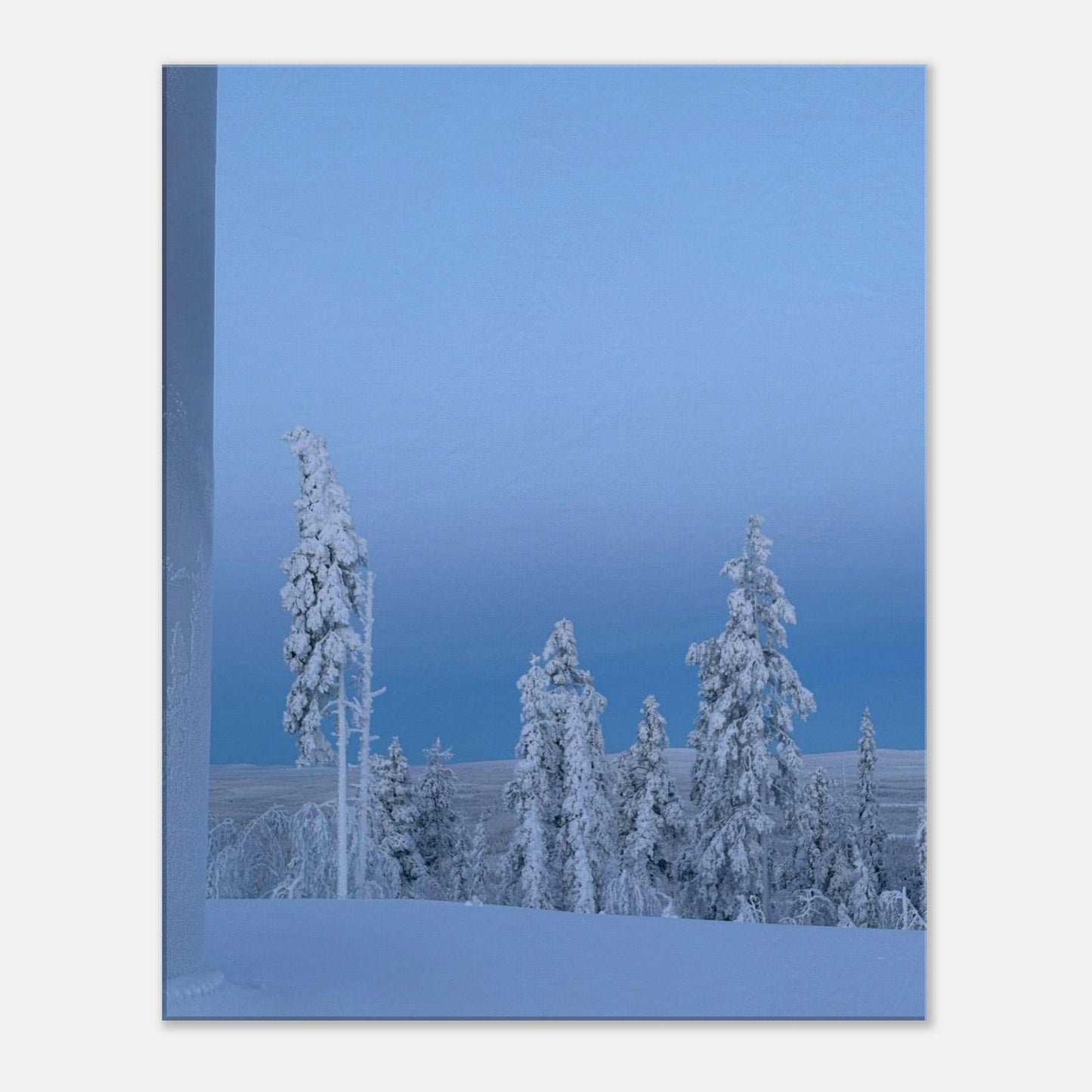 Nordisk vinterlandskap canvas med snötäckta träd i minimalistisk stil
